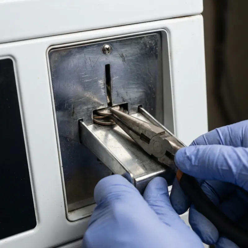 Close up of a technician repairing a jammed coin slide mechanism on a commercial washer.
