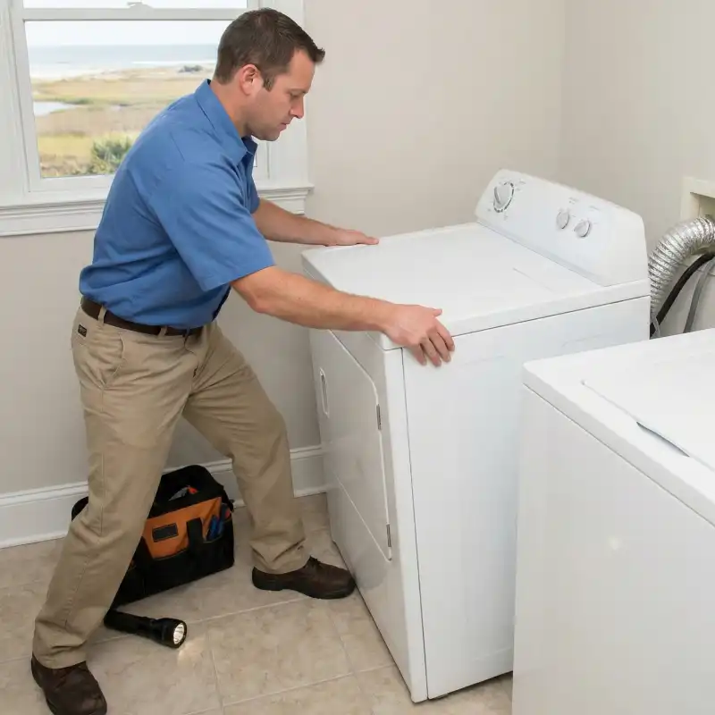 Testing a dryer heating element with a multimeter in a laundry room on Sullivan's Island.