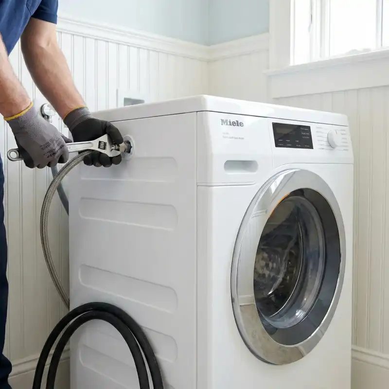 Technician installing braided braided stainless steel washing machine hoses on a premium front-load washer.