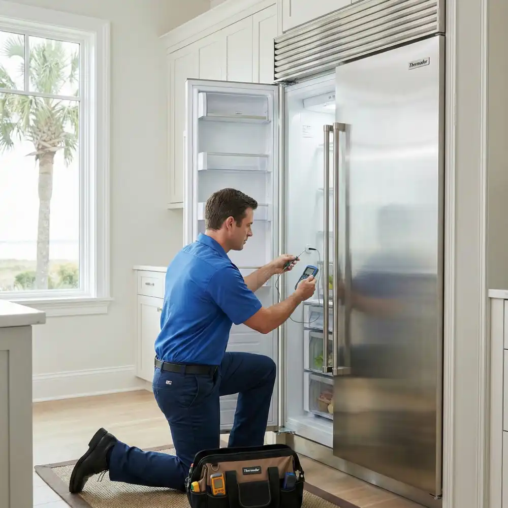 Appliance technician checking temperature sensors on a Thermador refrigerator in a Wild Dunes home.